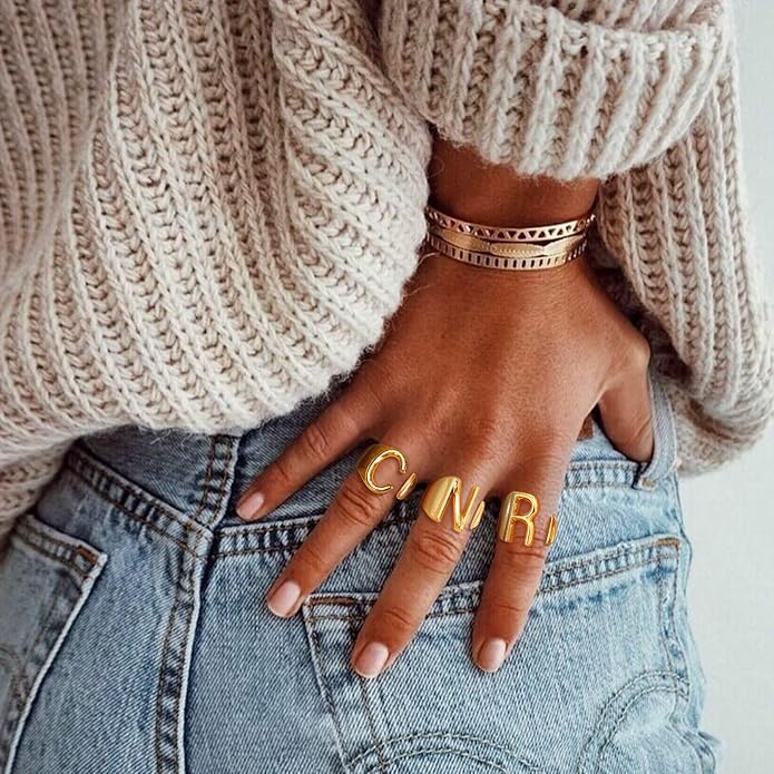 KeyStyle Bold Initial Letter Rings Adjustable, GoldChic Jewelry Women Gold Statement Ring Personalized Engraved Women’s Open Signet Ring for Party (Gold, White Gold, Black)