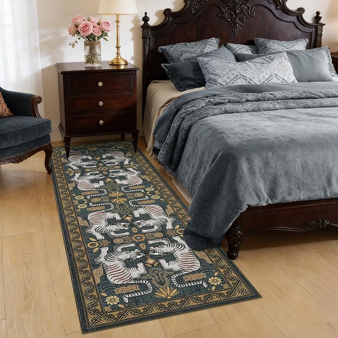 GarveeHome Tiger Print 2'6"x8' Washable Non Slip Runner Rugs for Hallways, Boho Blue Kitchen Runner Ultra Thin Soft Vintage Tribal Indoor Throw Floor Carpet for Entryway Bedroom Bathroom
