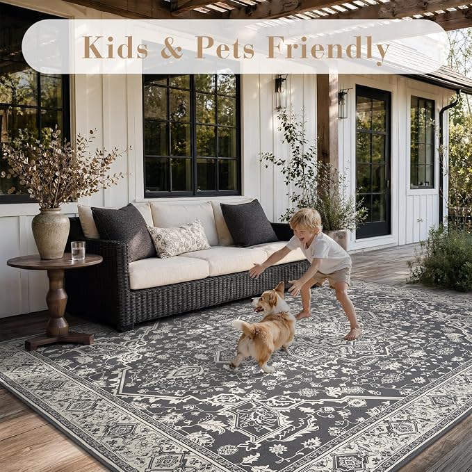 AMOAMI-Outdoor Rug-Patio Rug 8x10 ft Quick Dry Flatweave Textured Machine Washable Outdoor Carpet with Rubber Backing Vintage Outdoor Area Rug for Patio Deck Front Porch Balcony Greyish Black