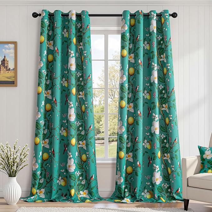 MYSKY HOME Floral Blackout Curtains 95 inches 2 Panels Set for Dining Room Vintage Mid Century Style Lemon Hummingbird Patterned Room Darkening Thermal Insulated Drapes Grommet, W52, 2 Pcs, Deep Green