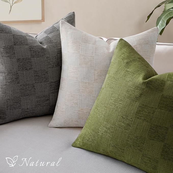 A moment Set of 2 Decorative Linen Throw Pillow Covers,Large Grid Textured Neutral Boho Farmhouse Cushion Covers,Soft Aesthetic Pillowcases for Couch Sofa Living Room Home Decor,20x20 Inch,Olive Green