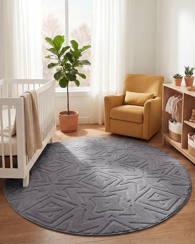 Carvapet 5.2' Round Rug Washable High Low Pile Area Rug Soft Plush Grey Carpet for Living Room Bedroom Non Slip Indoor Floor Rug for Home Kids Nursery Decor