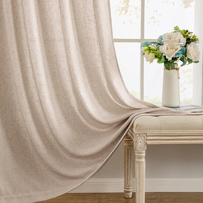 MIULEE Non-See-Through Privacy Linen Curtains 52W x 96L Inch Beige | 2 Panels, Light Filtering, Semi Sheer Window Curtains, Farmhouse Textured, Back Tab Drapes for Bedroom Living Room