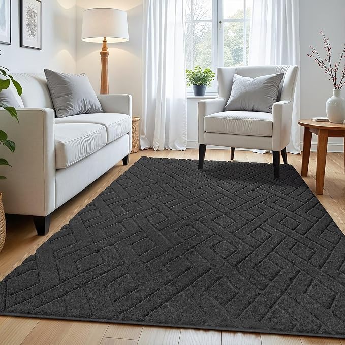 Macgace Ultra Soft Dark Grey Area Rug for Bedroom, 3x5 Modern Geometric Shag Rugs with Nonslip Backing for Living Room, Washable Fuzzy Carpet for Cozy Kids Room