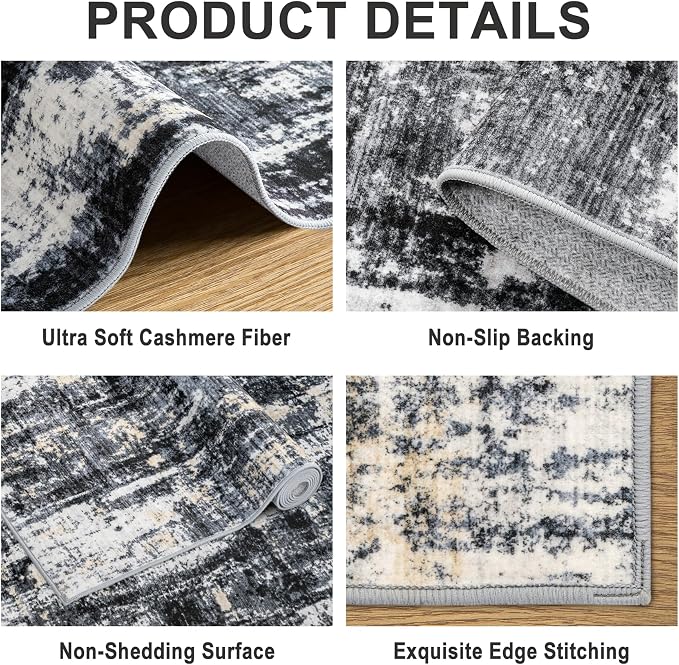 Area Rugs 9x12 Living Room - Washable Rug Modern Abstract Soft Large Neutral Non-Slip Carpet Indoor Floor Thin Carpets for Bedroom Dining Room Farmhouse Nursery Home Office Black Gold