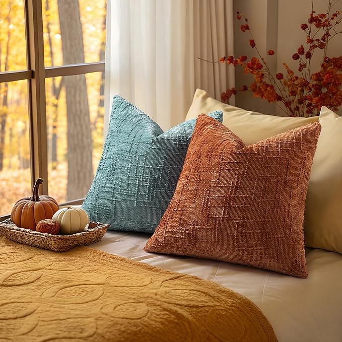 decorUhome Textured Chenille Throw Pillow Covers 26x26 Set of 2 Rust | Fall Modern Farmhouse Soft Cozy Slubby Couch Pillow Cases Boho Decorative Pillow Cases for Bed Sofa Living Room Home Decor