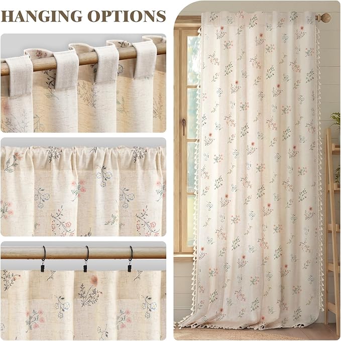 Boho Floral Spring Light Filtering Curtains 90 Inch Length 2 Panels Set, Farmhouse Semi Sheer Bedroom Living Room Vintage