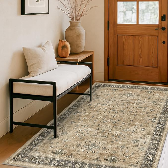Hazo Haus Washable 3x6 Large Mudroom Area Rug, Bohemian Kitchen Floor Rug, Non-Slip & Stain Resistant, Vintage Desert Taupe Sage Farmhouse Floral Décor