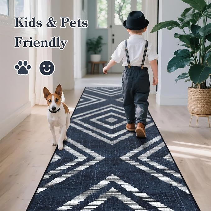 2x10Ft Boho Hallway Rug Runners Non Slip, Navy Blue Geometric Washable Kitchen Runner Rugs, Soft Thin Modern Farmhouse Entrance Floor Carpets for Entryway Doorway Bedroom Home Decor