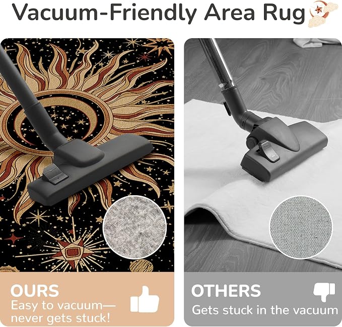 Vacuum-Friendly, 2x8 Washable Area Rug, Black Gold Beige Red | Sun and Moon Boho Gothic Non-Slip Low Pile Living Roon Bedroom Dining Room Kitchen Entry Entryway Entrance Hallway Doormat