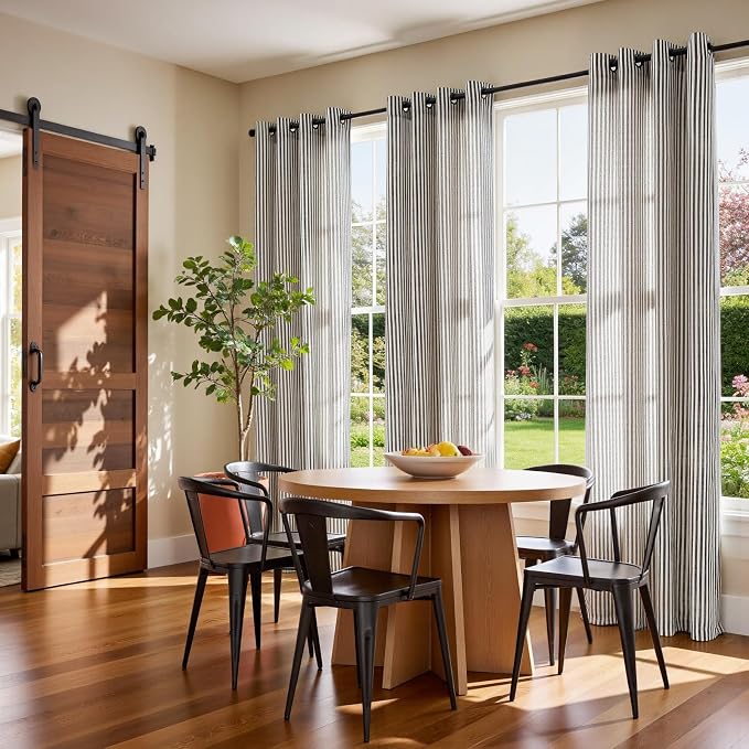 Vangao Linen Stripe Black Curtains Tickingstripe Light Filtering Window Curtains Pinstripe Printed on Beige Drapes 63 Inches Long for Living Room Bedroom Dorm 2 Panels