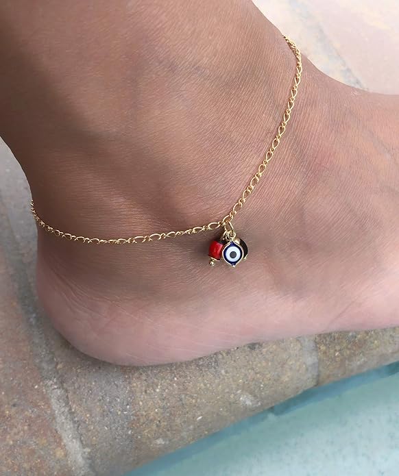 SIFRIMANIA Anklets for Women 18K Gold Plated Figaro Chain Jet Stone and Evil Eye Charm