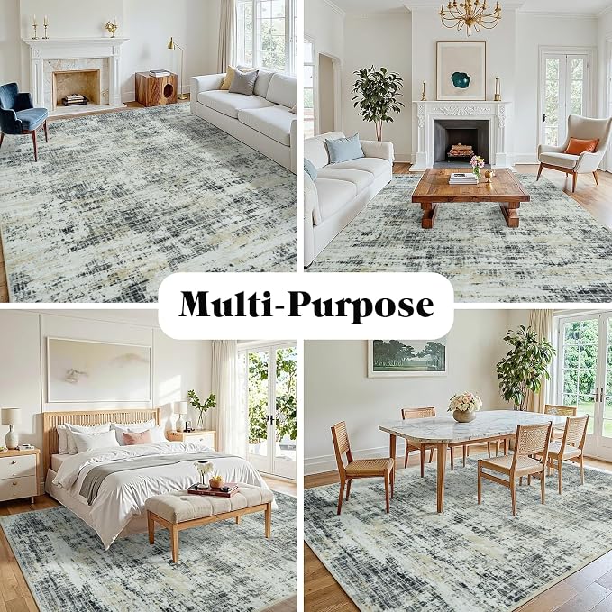 9x12 Area Rugs for Living Room Washable Rug: Anti-Skid Abstract Modern Living Room Rug Soft Thin Carpets Indoor Floor Non-Shedding Carpet for Bedroom Dining Farmhouse Nursery Black Gray Gold