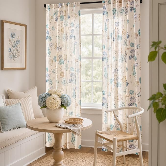 jinchan Floral Linen Curtains 96 Inch Vintage Cottagecore Back Tab 2 Panels | Light filtering drapes, semi sheer, farmhouse, botanical, watercolor, living room, bedroom, rod pocket, window treatment