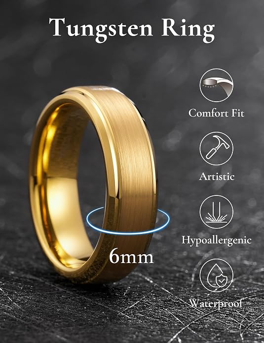 King Will Tungsten Carbide Wedding Band for Men Women-4/6/8mm Width 14K Gold Plated Tungsten Wedding Ring Matte Brushed & High Polished Style Comfort Fit Wedding Band Size 6-14