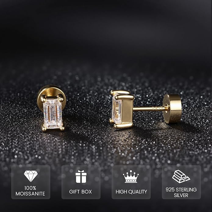 GEMQUEEN Moissanite Earrings Studs Flat Back Earrings Hypoallergenic - 14K Gold Plated Sterling Silver Earring for Women Men Small Dainty Cartilage Helix Piercing Jewelry D Color VVS1