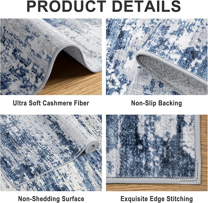 Area Rugs 9x12 Living Room - Washable Rug Modern Abstract Soft Large Neutral Non-Slip Carpet Indoor Floor Thin Carpets for Bedroom Dining Room Farmhouse Nursery Home Office Blue Gray