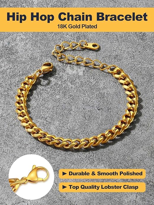 U7 Link Bracelets for Men, Cuban Link/Rope/Watch Band Solid Bracelet, Silver Black Gold Color Wrist Bracelet 3/6/9/12/15mm Width, 6.5/7.5/8.3 Inch Length, Hand Chain Jewelry for Mens Women