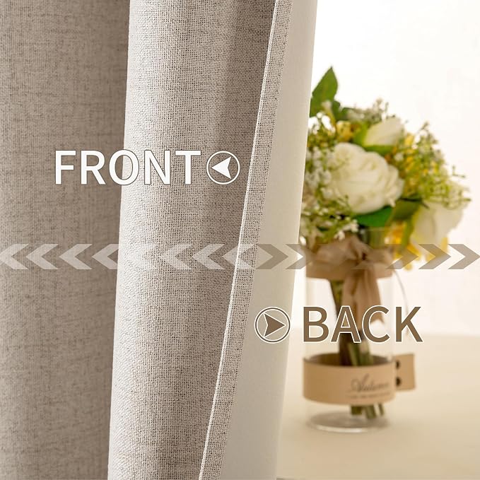 MIULEE 100% Blackout Linen Textured Curtains for Bedroom Solid Thermal Insulated Taupe Grommet Room Darkening Curtains & Drapes Luxury Decor for Living Room 52 x 96 Inch (2 Panels)