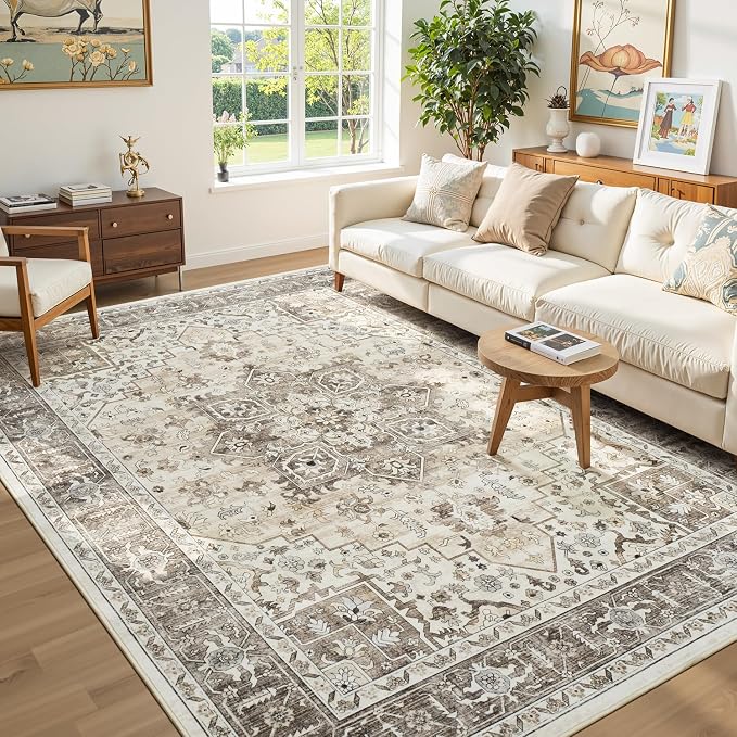 Neutral Camel 8x10 Rug for Living Room - Large Vintage Farmhouse Eclectic Brown Medallion Carpet, Washable Low Pile Non-Slip Area Rug for Dining Under Table, Bedroom, Office, Nursery, Lounge
