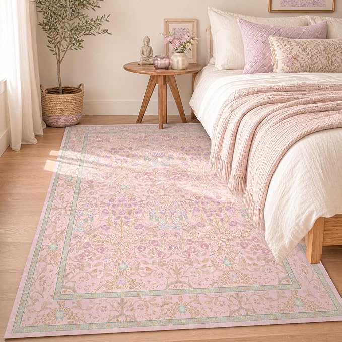 Boho Light Pink Bedside 3x5 Washable Rug for Bedroom, Thin Botanical Vintage Area Rug for Large Entry, Dorm, Kitchen, Foyer, Mudroom, Laundry - Cottage Core Low Pile Non Slip Indoor Front Door Carpet
