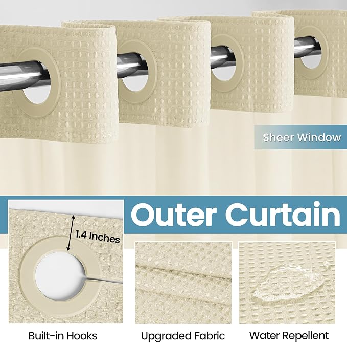 EUTXL Heavyweight Ivory Stall Hotel Shower Curtain with Detachable Liner - 256GSM Waffle Textured,Hotel Grade,Spa Like Bath Curtain,54W x 80H