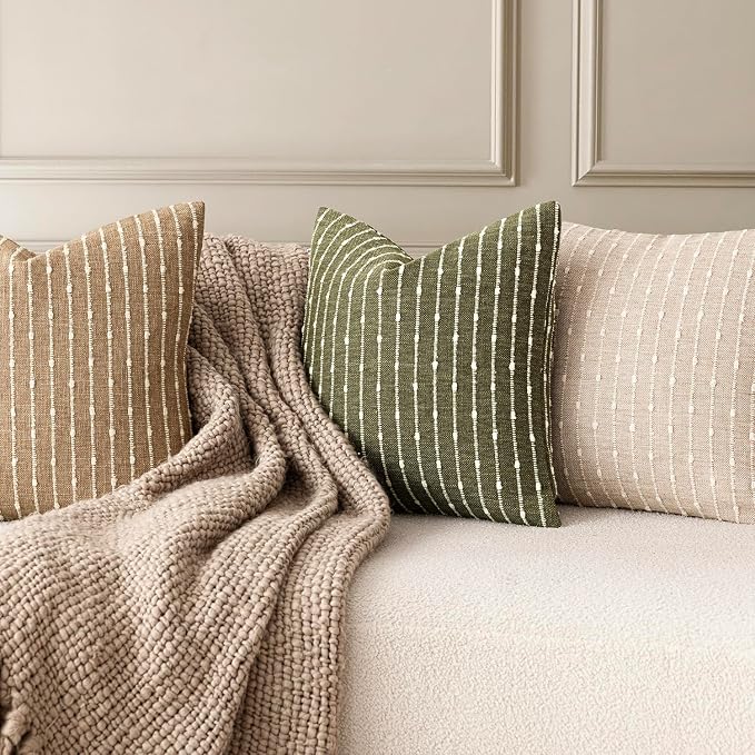Foindtower Pack of 2 Decorative Jacquard Boucle Throw Pillow Covers Accent Textured Striped Pillowcases Cozy Modern Cushion for Couch Sofa Bedroom Living Room Home Decor 18x18 Inch Olive Green