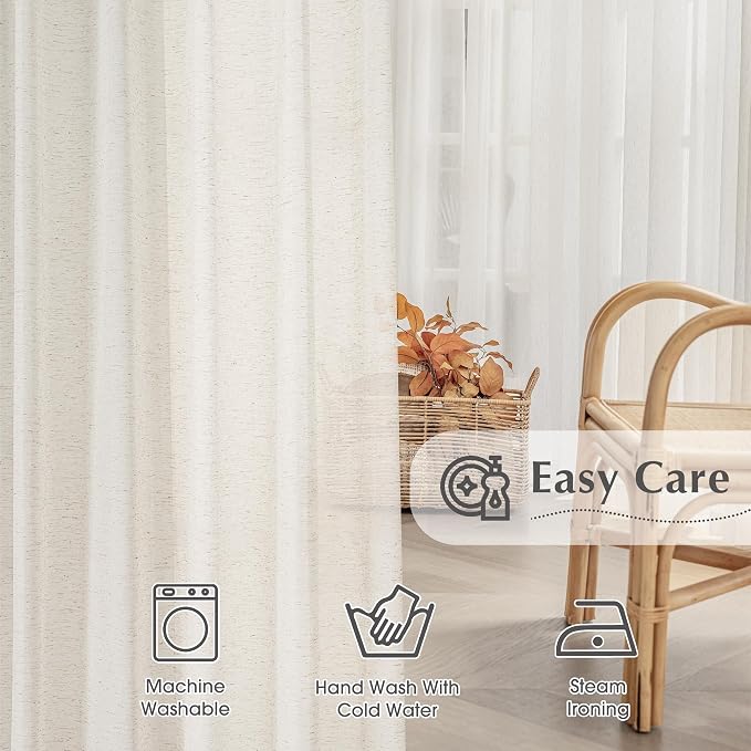 FMFUNCTEX Beige Flax Linen Sheer Curtains 90 Inch Long Rod Pocket 2 Panels | Natural Semi Sheer Window Drapes for Bedroom and Living Room, Farmhouse French Window Curtain Light Filtering Privacy