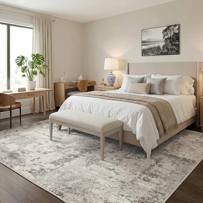 GarveeHome 5x7 Abstract Area Rugs Neutral Beige Washable Living Room Rug | Soft Low Pile Non Slip Accent Rug for Living Room, Bedroom, Dining Room, Modern Neutral Indoor Carpet
