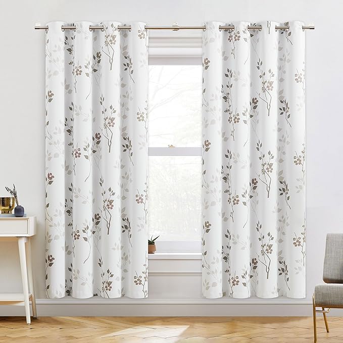 Beauoop Floral 100% Blackout Curtains for Bedroom Tan Brown 52X72 2 Panels | Flower Patterned Brown White Room Darkening Drapes for Living Room Thermal Insulated Soundproof Window treatment Grommet