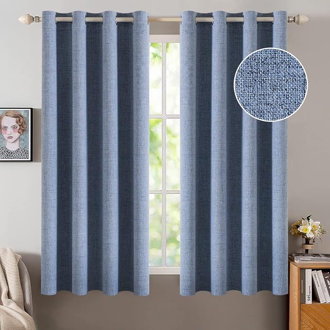 MIULEE Linen Texture Curtains for Bedroom Solid 100% Blackout Thermal Insulated Stone Blue Curtains Grommet Room Darkening Drapes Luxury Decor for Living Room 52x54 Inch (2 Panels)