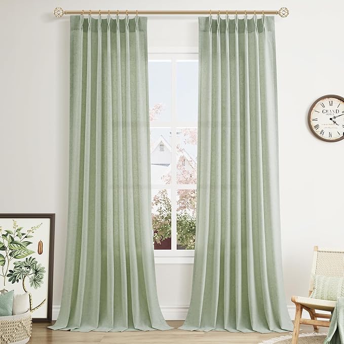 Aersas Mist Sage Pinch Pleated Linen Curtains 96 Inch Length 2 Panels for Living Room Bedroom Semi Sheer Window Curtain Boho Neutral Back Tab Pinch Pleat Drape with Hooks 40x96