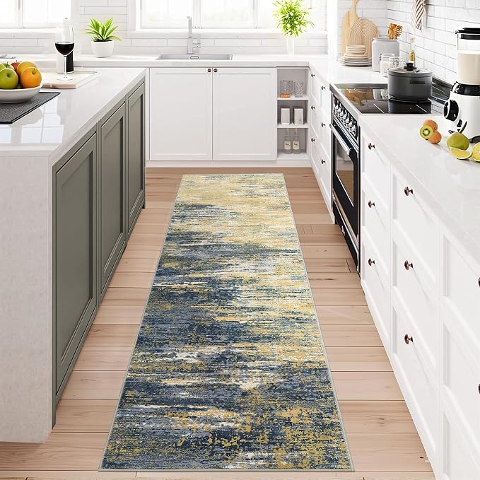 ROYHOME Washable Runner Rug 2x6 Modern Abstract Kitchen Rugs, Non Slip Bathroom Rug, Low Pile Laundry Room Soft Long Carpet for Hallway Bedroom Entryway, Yellow/Black