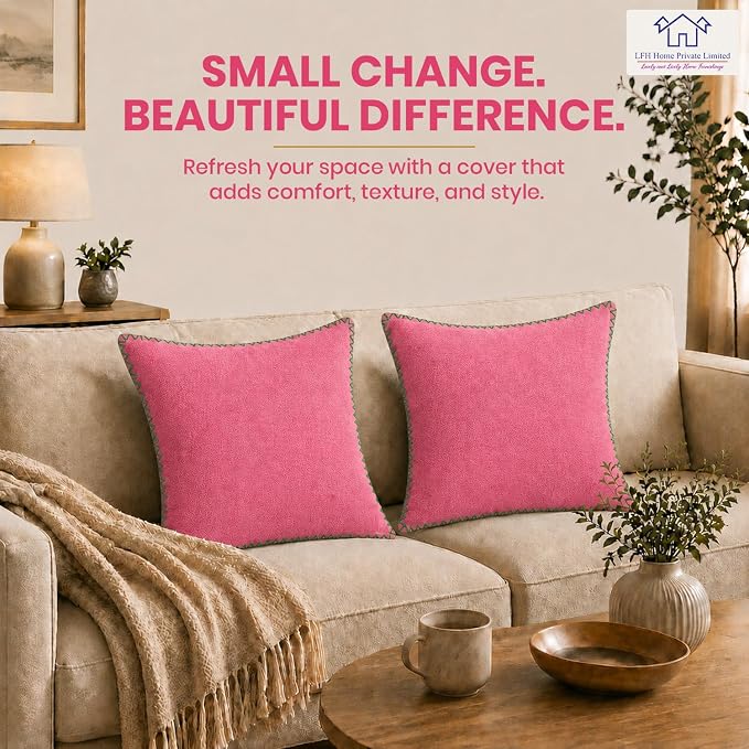 LFH Home Baby Pink Cotton Rich Throw Pillow Covers 18x18 Set of 2, Decorative Cushion Covers with Blanket Stitch Edge, Farmhouse Accent Pillow Cases for Sofa Couch Bed Living Room, 18 x 18 Inch