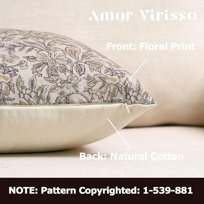 Amor Virisso Floral Throw Pillow Covers 24x24 Set of 2 Vintage Block Print Pillow Covers Decorative Pillow Covers Couch Pillows for Living Room Farmhouse Accent Sofa Pillows, Yellow/Sand