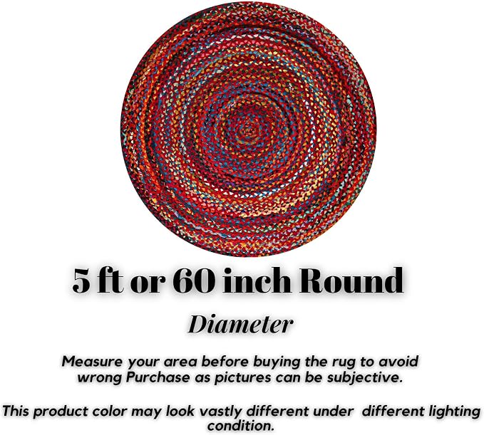 Chindi Rug - Round Rugs 5ft, Woven Multicolor, Bohemian, Recycled Cotton Colorful Boho Rugs for Bedroom, Farmhouse, Bedroom, Dining Room, Classroom, Hallway - Circular Rug 5ft