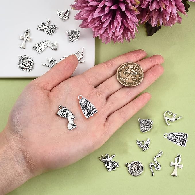 DanLingJewelry 100 pcs 10 Styles Egyptian Theme Antique Sliver Charms Pharaoh Pyramid Ankh Cross Evil Eye Snake Charms for Jewelry Making