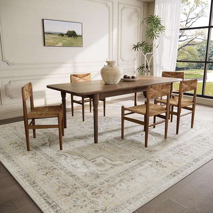 5x7 Area Rugs for Living Room: Machine Washable Area Rug Non Slip Low Pile Soft Faux Wool Non Shedding Vintage Boho Rug for Bedroom Entryway Dining Room Kitchen Nursery Farmhouse Home Office Indoor