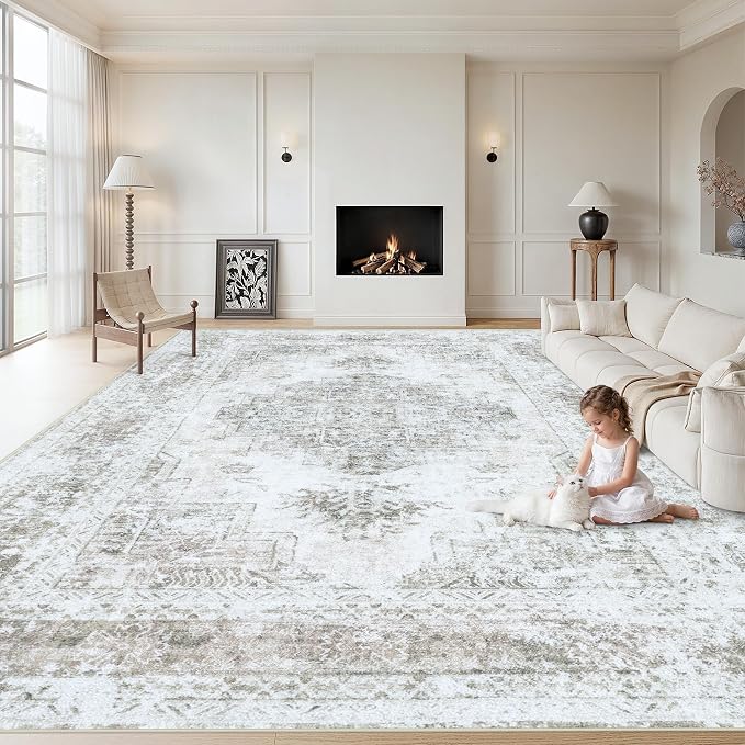 XLUEZ Area Rug 10x14 Living Room Rugs, Machine Washable Vintage Distressed Medallion Rug Non-Slip Soft Low Pile Large Indoor Rugs for Bedroom Kitchen Dining Room Office(Taupe,10'x14')