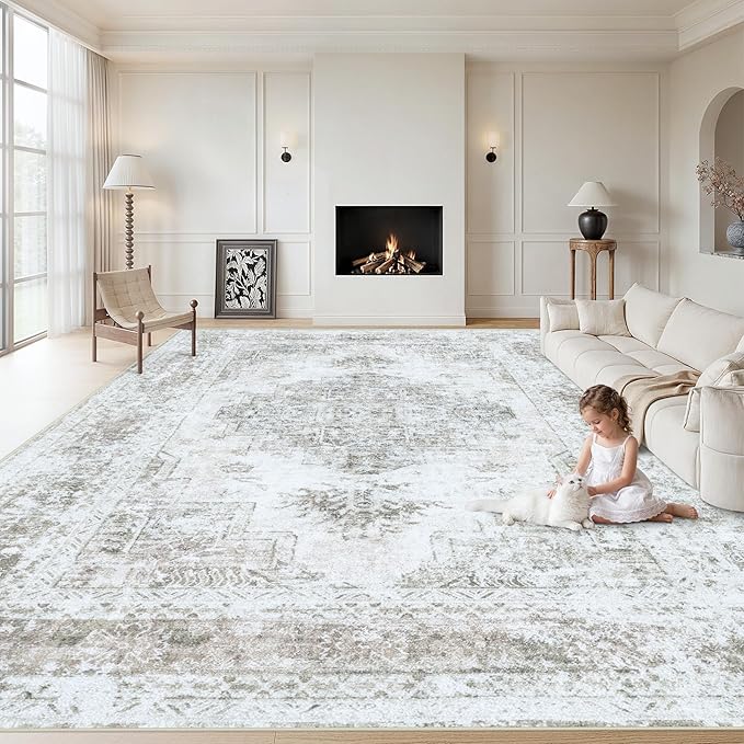 XLUEZ Area Rug 10x12 Living Room Rugs, Machine Washable Vintage Distressed Medallion Rug Non-Slip Soft Low Pile Large Indoor Rugs for Bedroom Kitchen Dining Room Office(Taupe,10'x12')