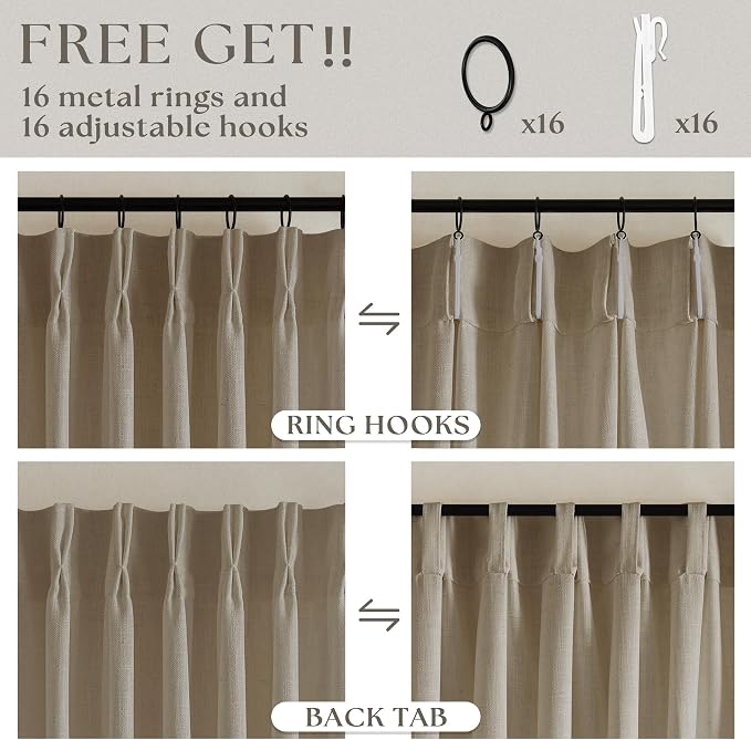 Pleated Linen Curtains 90 Inches Long for Living Room Pinch Pleat Hooks Track System Back Tab Custom Made Memory Shape Drape Privacy Protection Grey Beige Living Room Bedroom Window Curtain 90 Inch