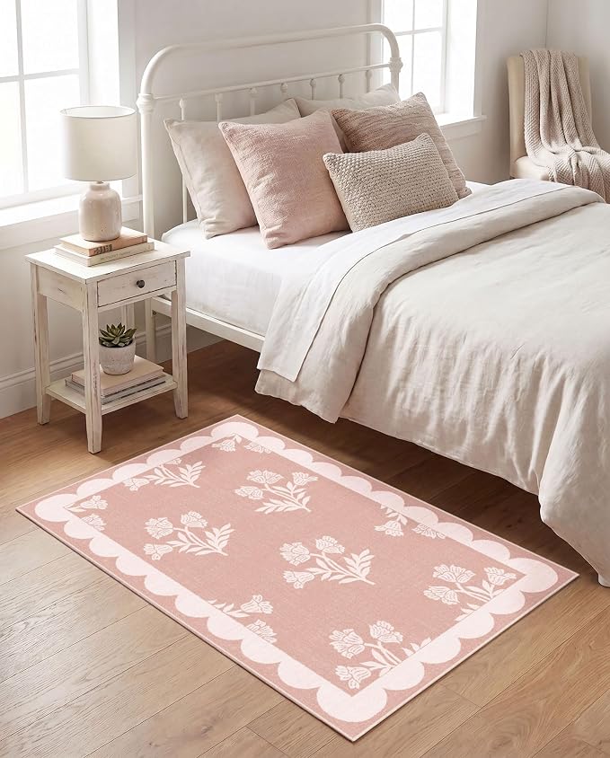 Pink Boho Bathroom Rug - 2x3 Scalloped Floral Girls Bedroom Rugs Soft Boho Runners for Hallways Small Accent Throw Rugs for Bedroom Entryway Kitchen Laundry Room Powder Room Dorm Bedside
