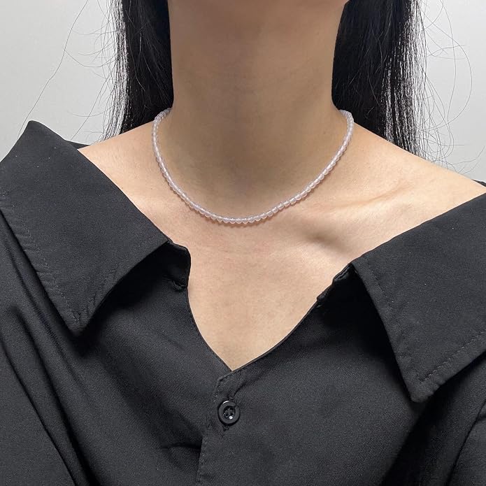 Kakikaki Natural Agate Choker Necklace Sterling Silver Round Beads Strand Necklace for Women