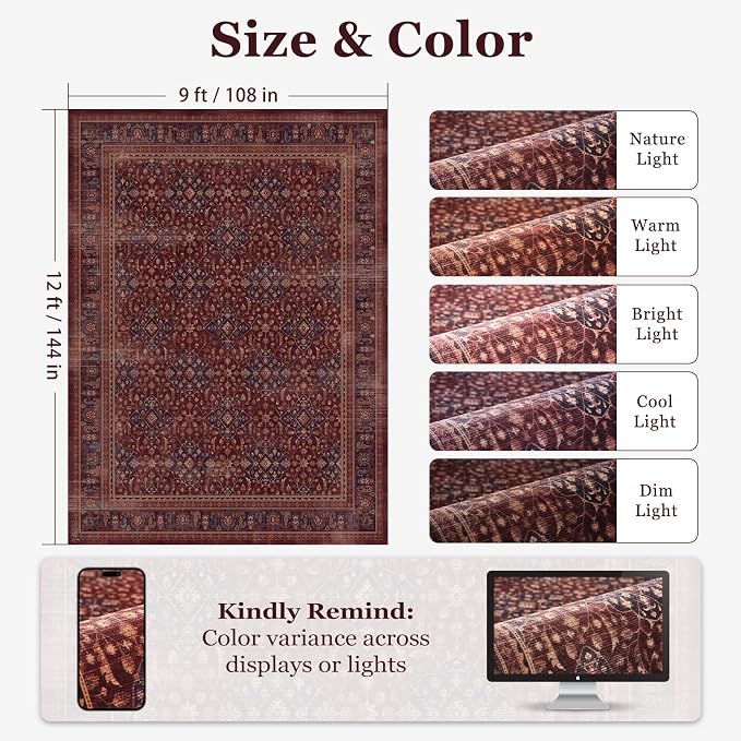 Amber Red 9x12 Rugs for Living Room, Earth Tone Vintage Bedroom Rug with Boho Floral Trellis Purple Accents, Non Slip Washable Low Pile Thin Carpet Rug for Dining Room/Guest Room/Family Room