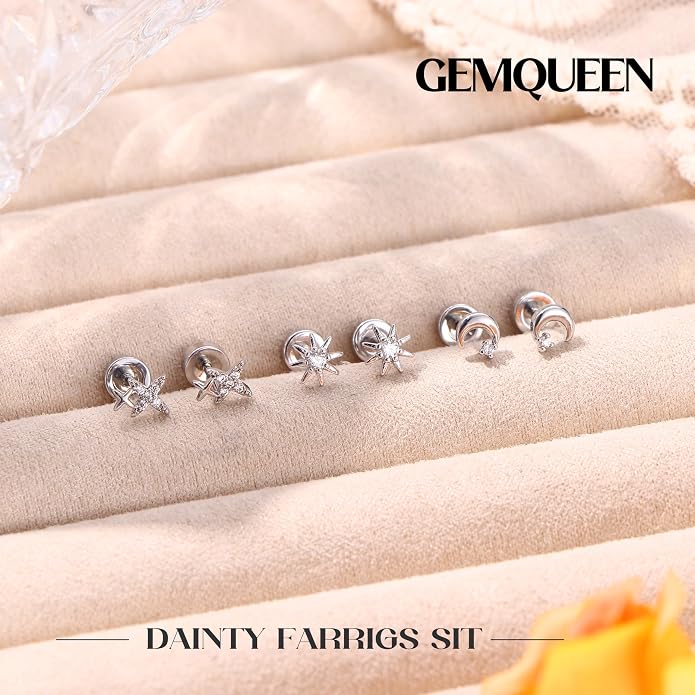 14K Gold Plated Solid 925 Sterling Silver Post Flat Back Earrings Stud | Cartilage Helix Conch Tragus Piercing Jewelry 3 Pairs Tiny Screw Dainty CZ Opal Earring Set Men Women