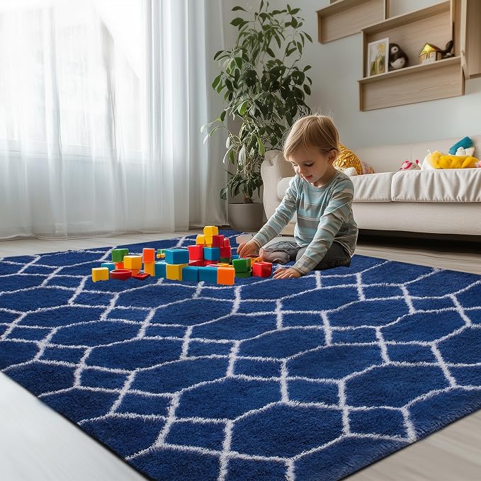 Fluffy Rug for Bedroom, Soft 5x7 Blue Shag Plush Geometric Area Rugs | Modern Blue and White Rug, Non Slip Carpet for Living Room, Aesthetic Home Decor, Fuzzy Floor Mat for Nursery Teen Dorm