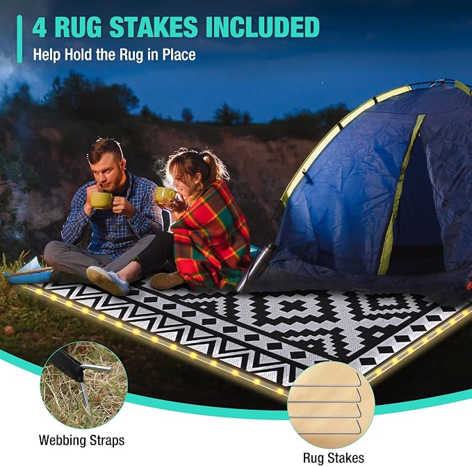 HAUSHOF 5' x 8' Outdoor Rug with LED Strip Light, Waterproof Patio Mat | Waterproof Surface, Easy-Clean Design, Reversible Double-Sided Use, RV Camping Beach Porch Balcony Use