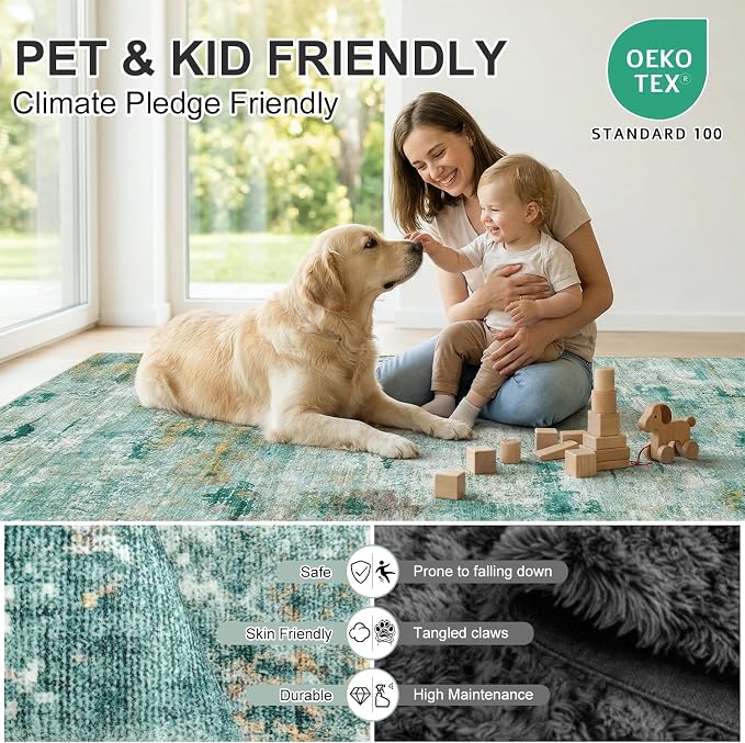 Extra Large Abstract Area Rug, 0.26" Low-Pile Washable Carpet for Living Room, Bedroom, Dining Room | Pet Friendly, Stain-Resistant & Non-Slip, 9'x12', Sage Green
