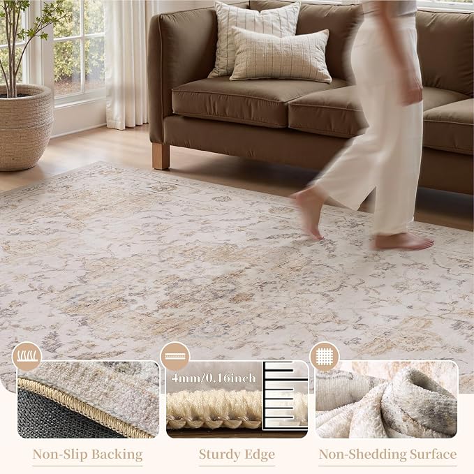 PADOOR 6X9 Area Rug,Rugs for Living Room,Soft Beige Rugs for Bedroom,Machine Washable Rug Non Slip Carpet for Dining Room Living Room Bedside Office