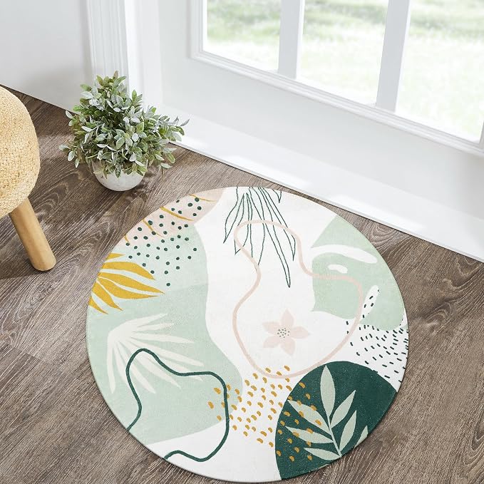 Lahome Boho Round Area Rug - 3Ft Washable Bathroom Rug Non-Slip Small Circle Rug for Bedroom Throw Soft Cute Kids Nursery Rug, Green Botanical Print Carpet for Entryway Sofa Living Room